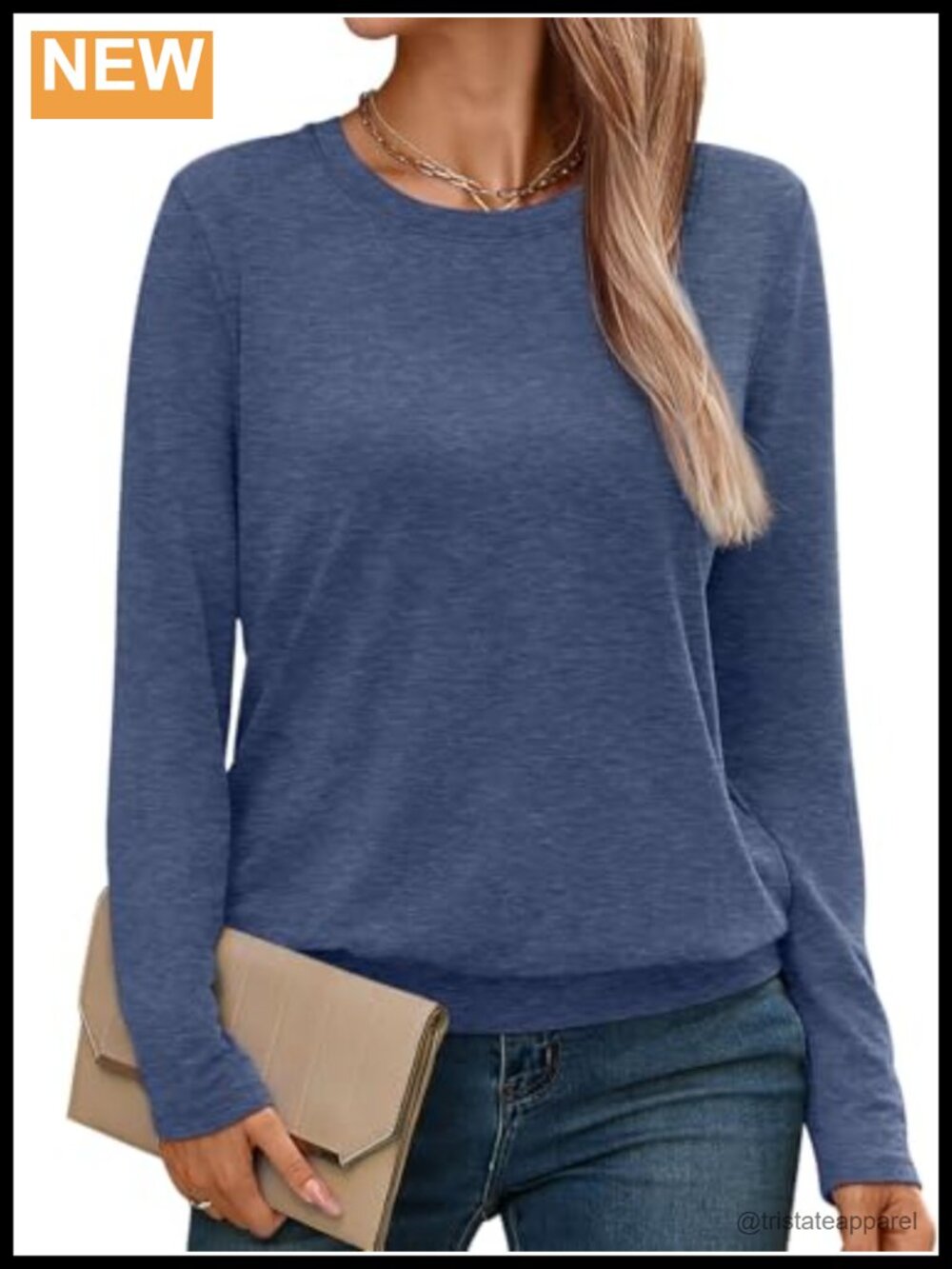 Womens Long Sleeve T-Shirt Banded Hem Casual Tee Loose Fit Crew Neck